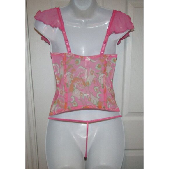 Pink Floral Zip and Lace Up Front Corset Set - NEW - Picture 7 of 10